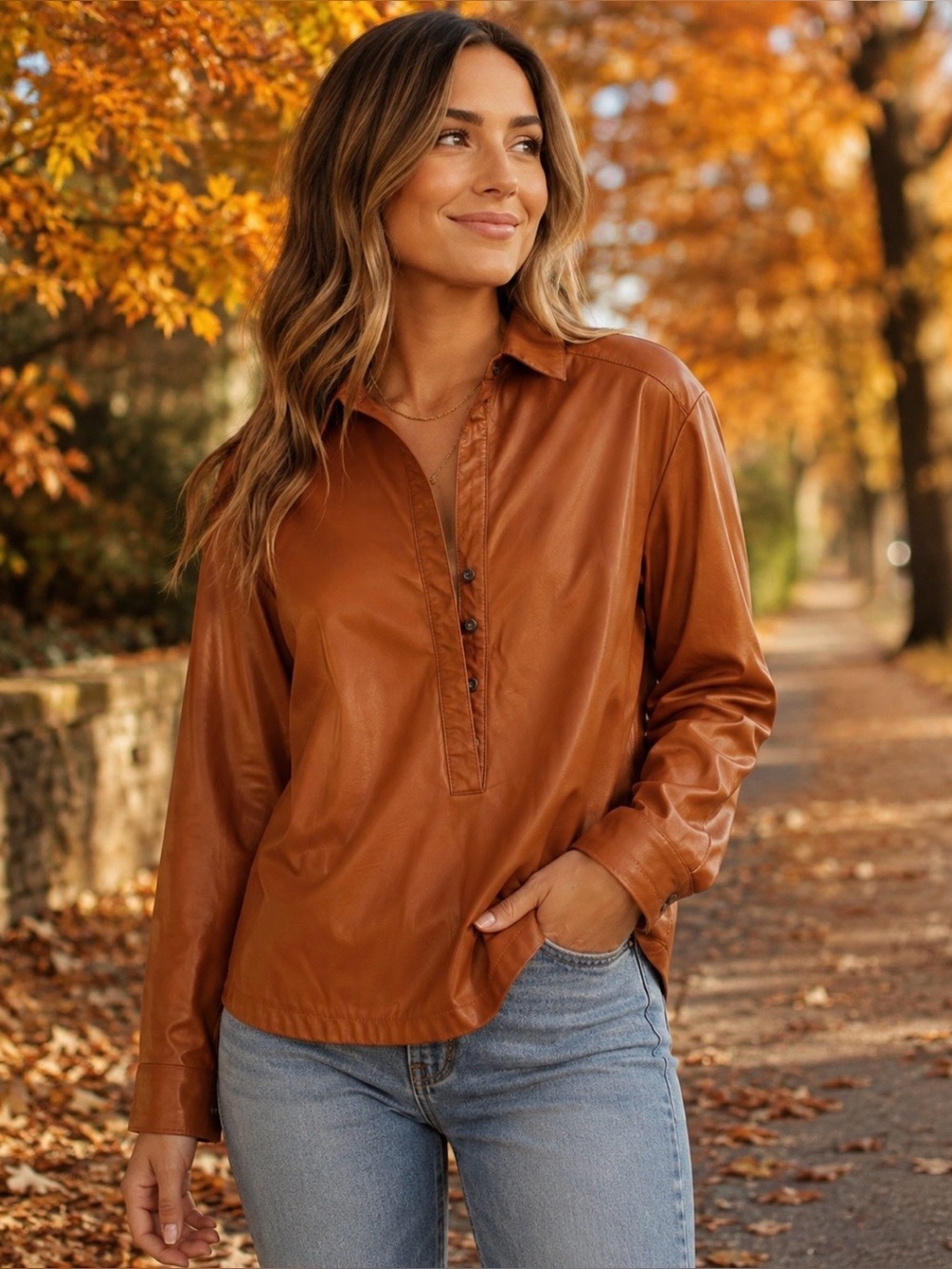 Anthropologie Faux Leather Shirt Jacket in light brown